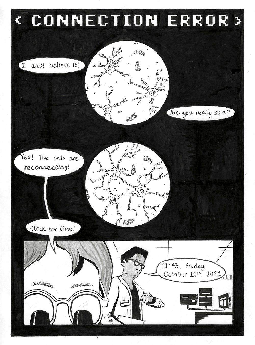 Page 1 of Connection Error, a black and white comic by Adam Westbrook