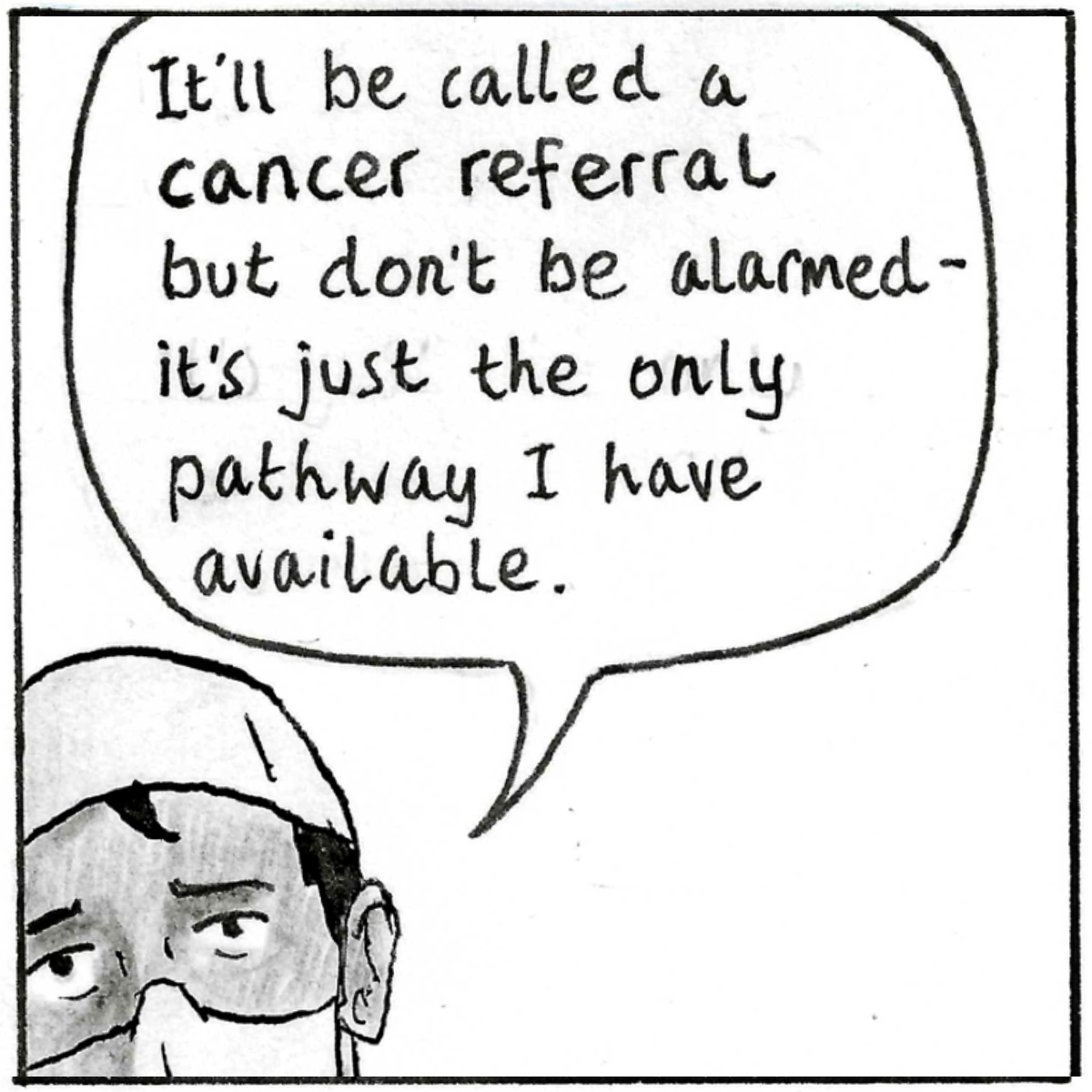 A medium close up of the doctor as he says 'I'm worried enough to book you in for a scan.'