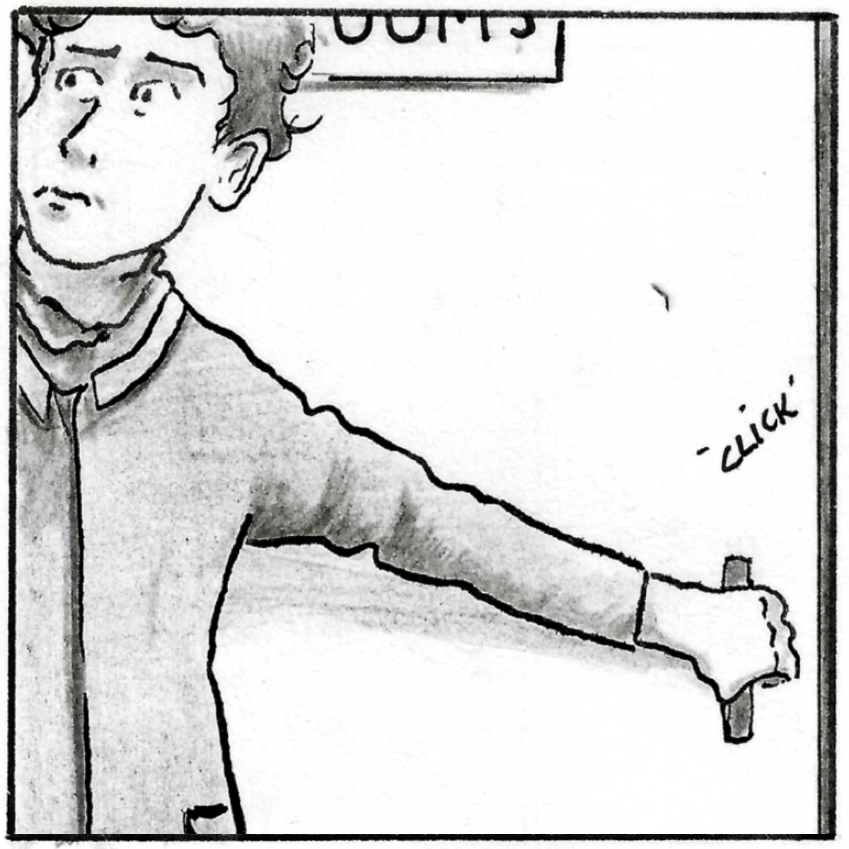 A midshot of Adam leaving the consultation room, closing the door behind him.