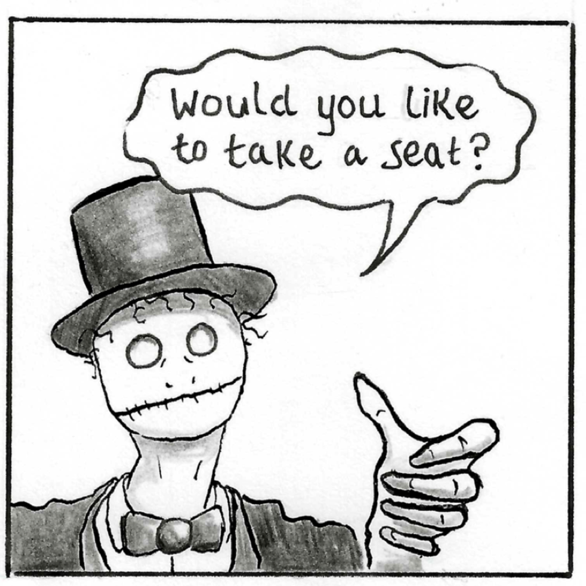 A medium close up of death, his bony hands reaching up to beckon Adam into the room. He asks 'Would you like to take a seat?'