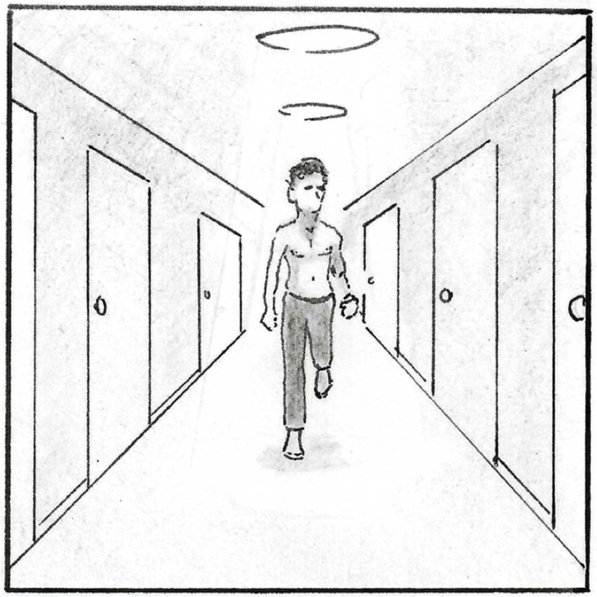 A long shot of Adam as he walks along the long corridor, towards the viewer. Either side of him are white doors.