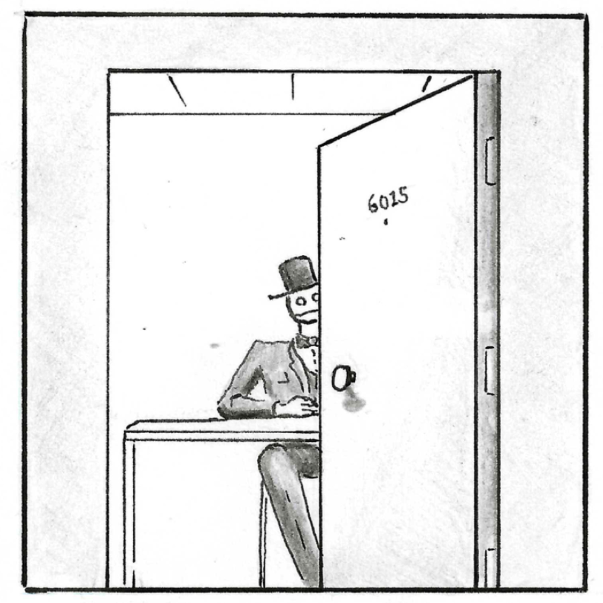 The door swings open and behind it we see Death sitting at a table. He is a man wearing a suit with a bowtie and a tophat. 