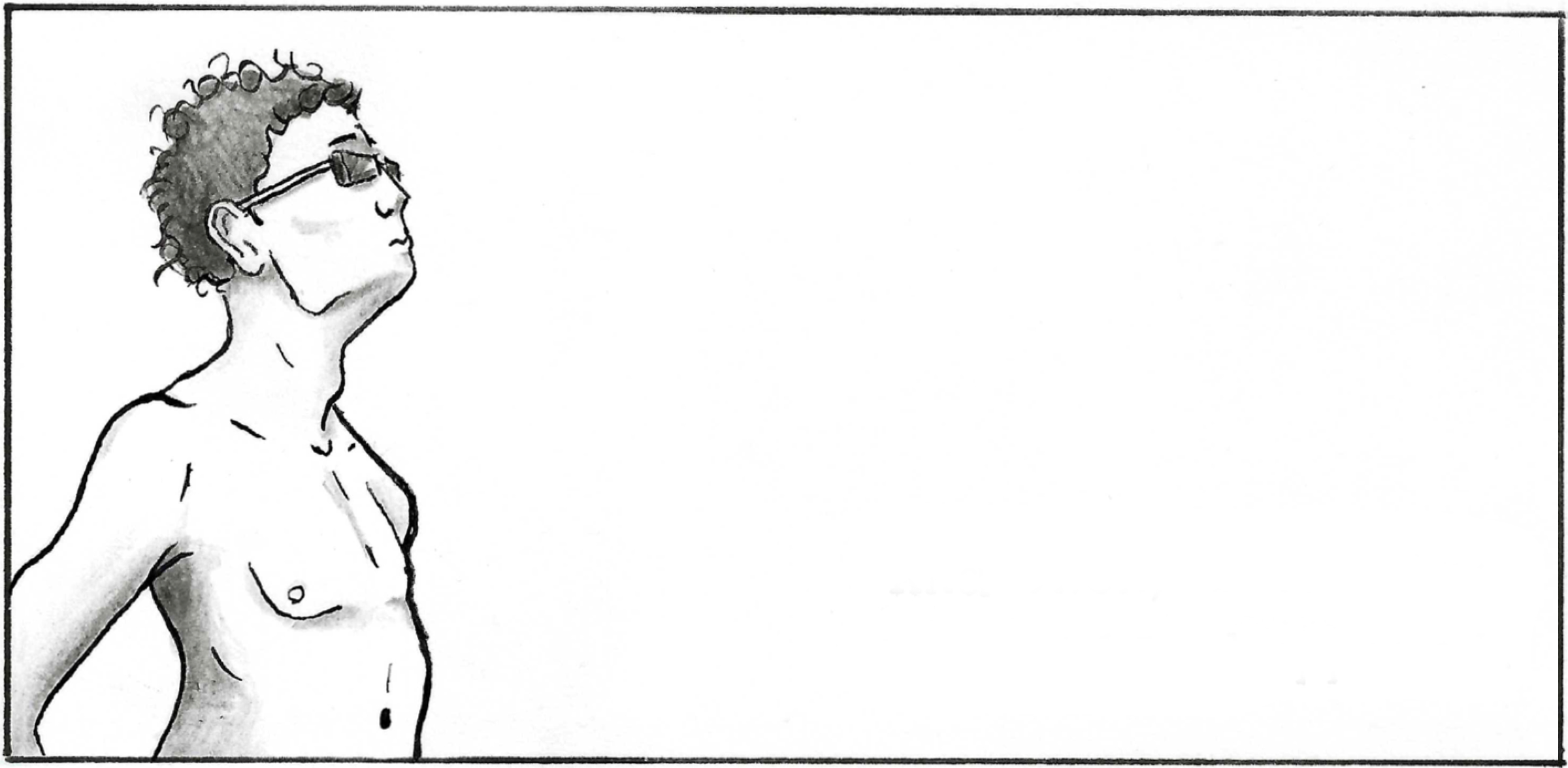 A profile midshot of Adam, preparing to jump into the pool. He is wearing goggles and standing straight, taking a deep breath.