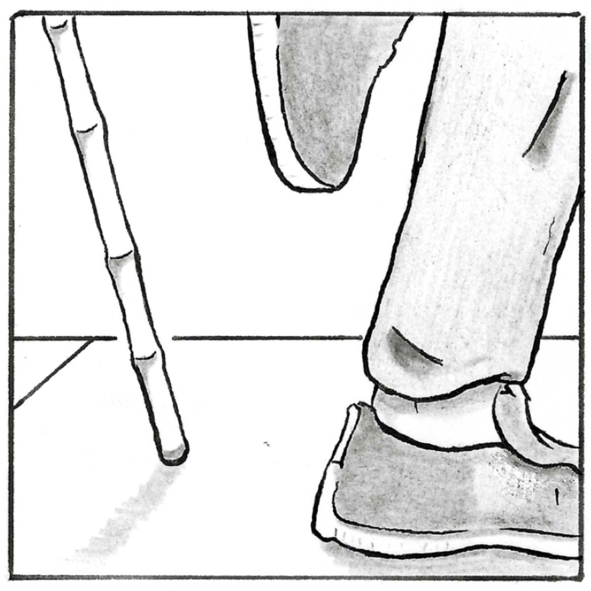 A close up of Adam's feet, wearing sneakers, on the way to the swimming pool. Close behind his feet is Death's bamboo cane.