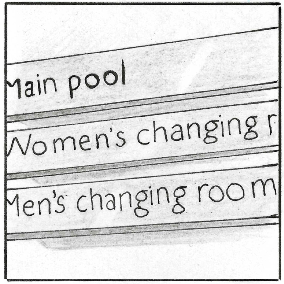 A close up of the sign on the wall of the swimming pool. It indicates the main pool and the mens and women's changing rooms.