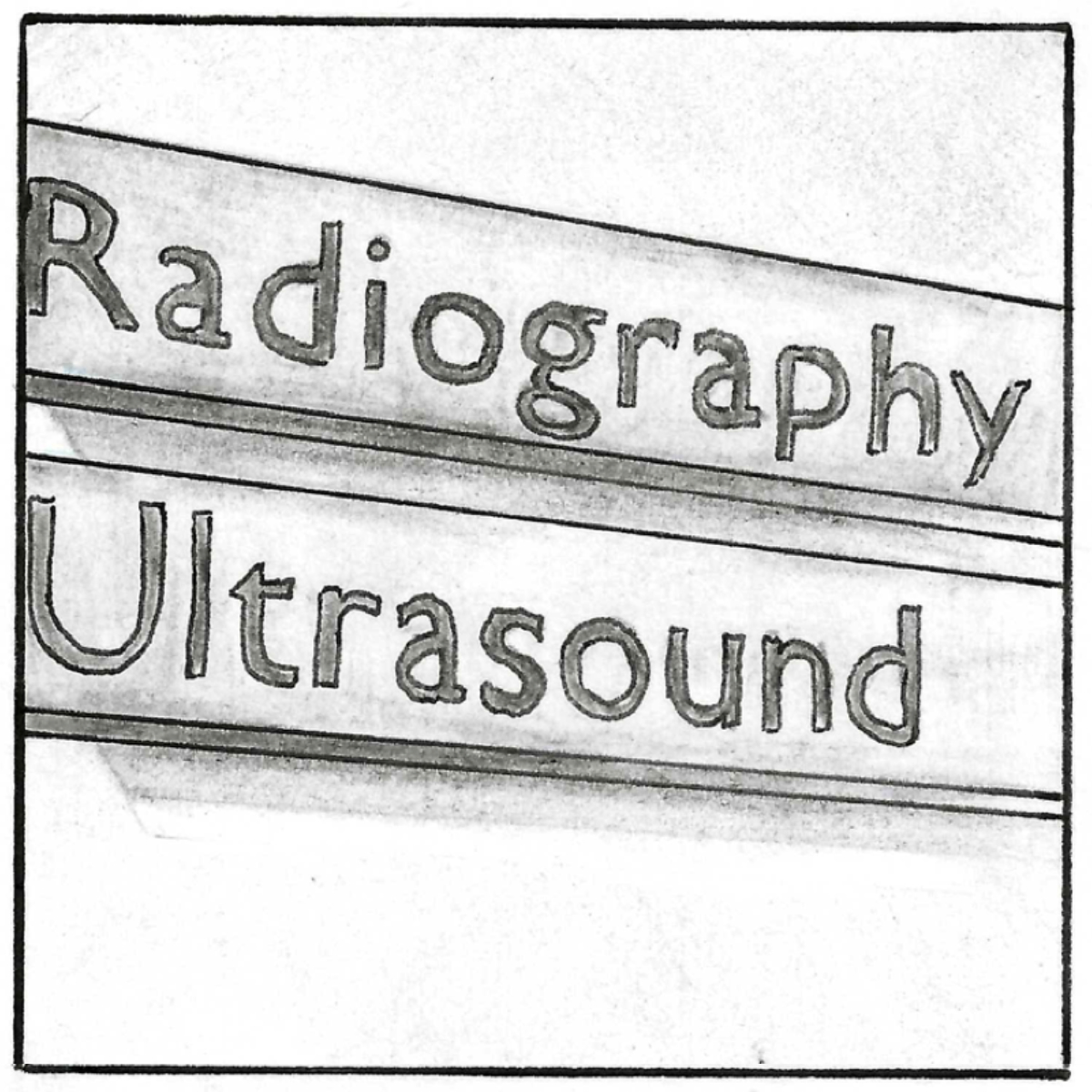 A close up of signs on the wall of a hospital. The signs read 'Radiography' and 'Ultrasound'.