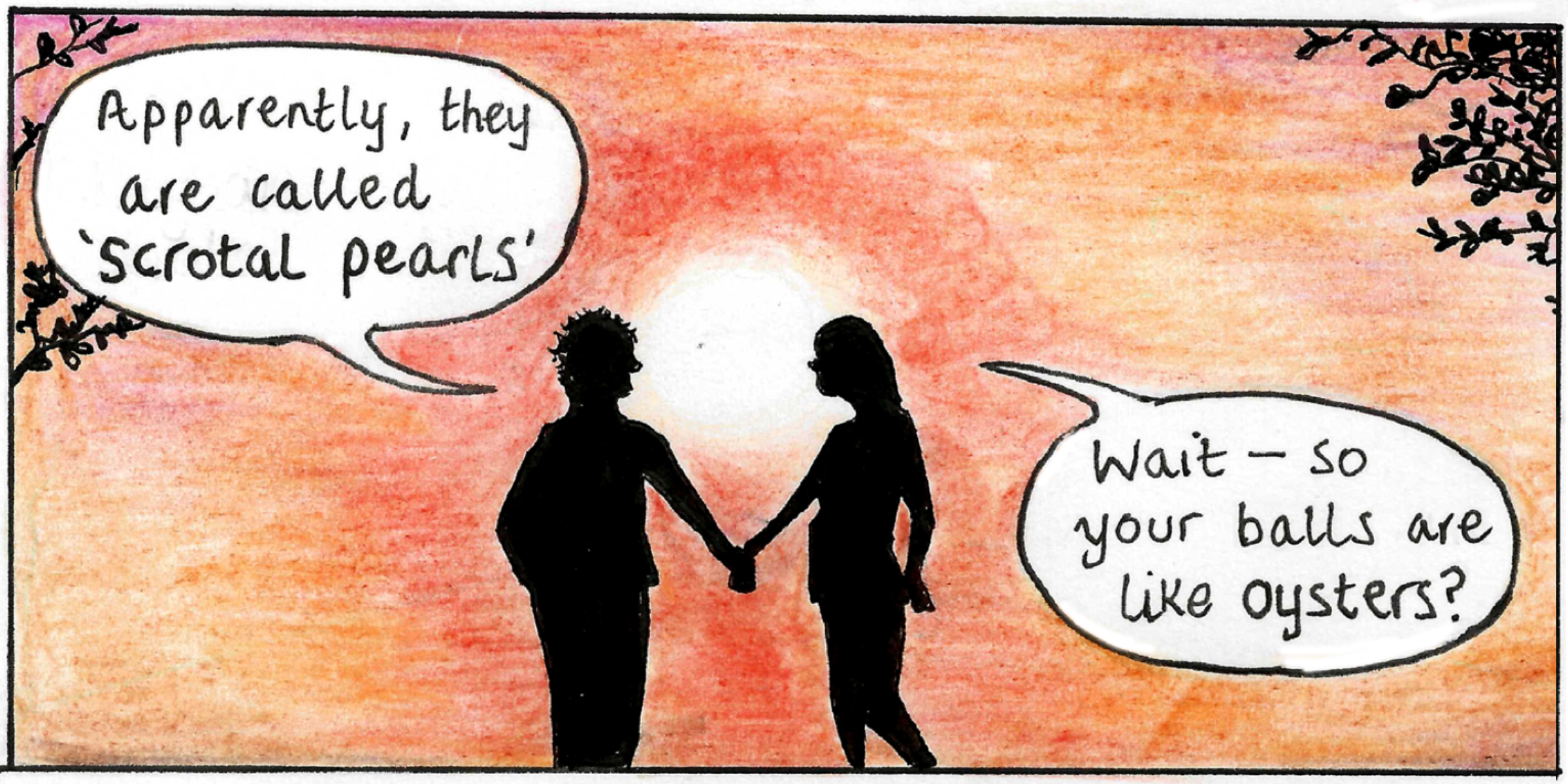 A wide shot of Adam and his girlfriend silhouetted against sunset. Adam says 'Apparently they are called Scrotal Pearls.' His girlfriend replies 'Wait — so your balls are like oysters?'