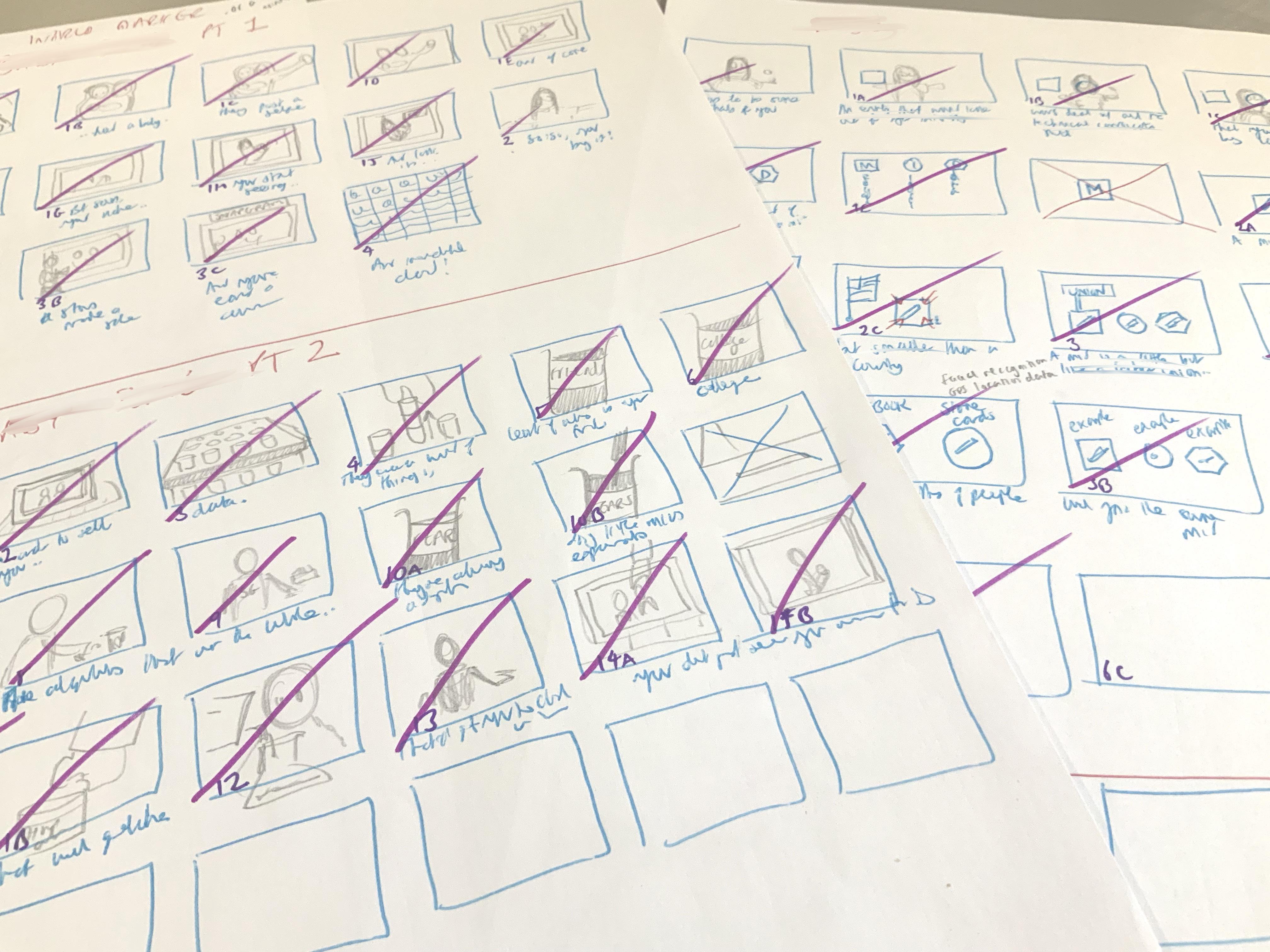 A close up of a page of storyboards for a video for The New York Times