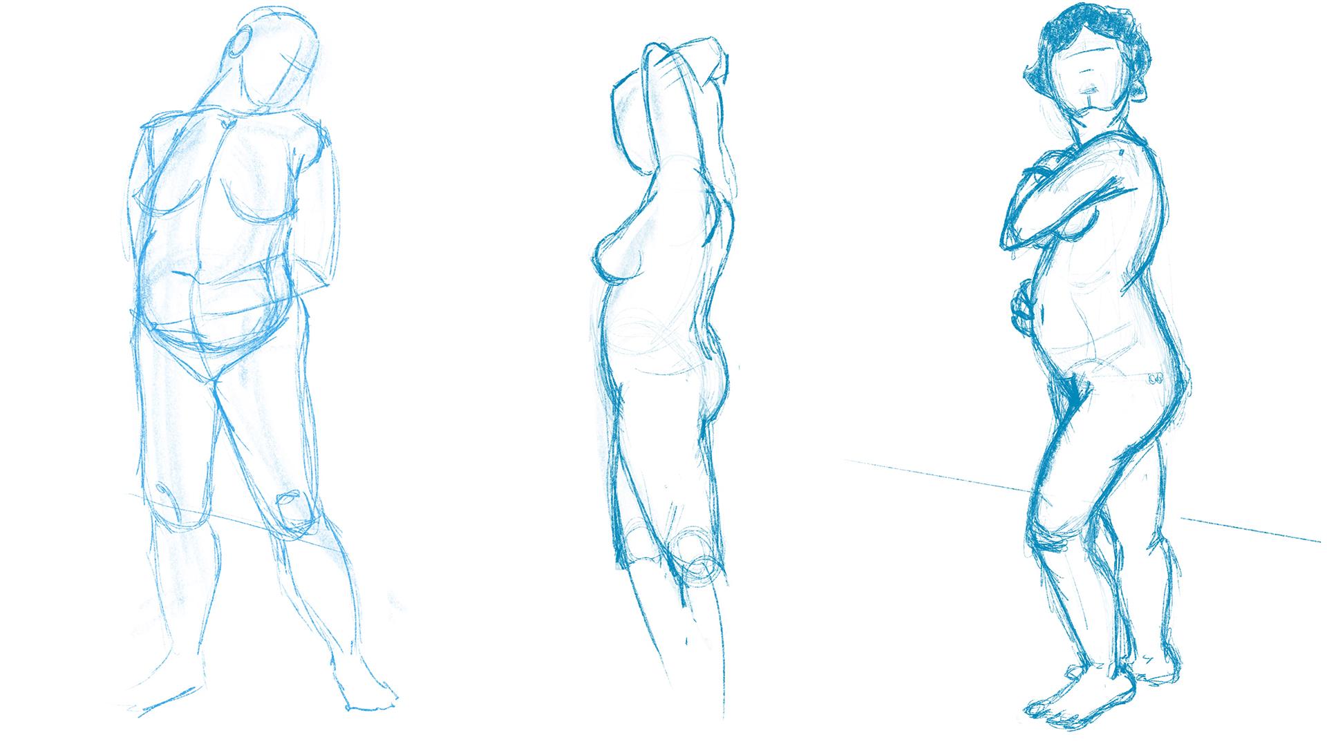 Life-drawing sketches in blue pencil by Adam Westbrook
