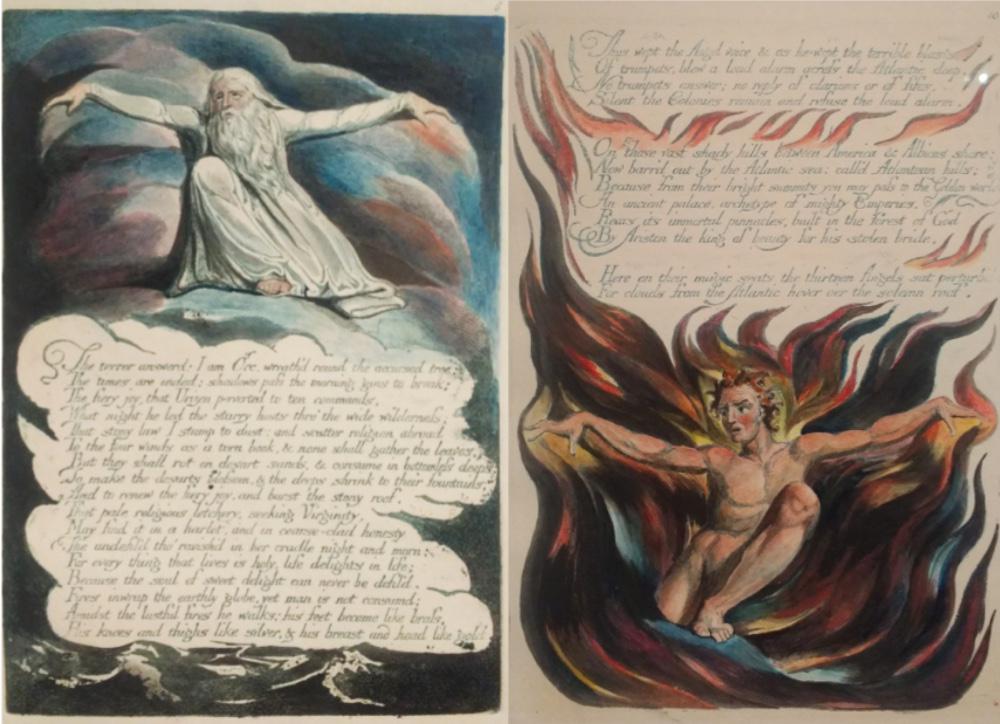 Two pages of poetry and drawings by William Blake
