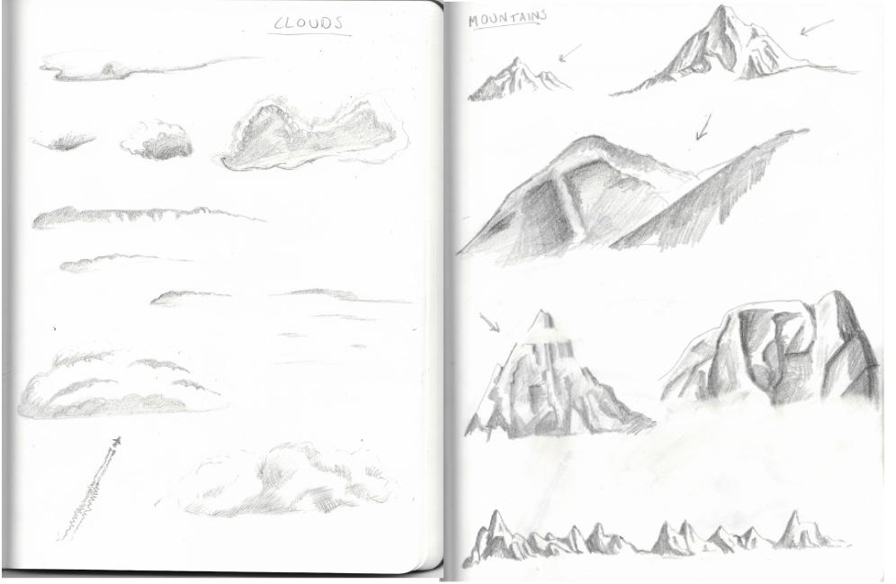 A page of landscape sketching from Adam Westbrook&rsquo;s sketchbook
