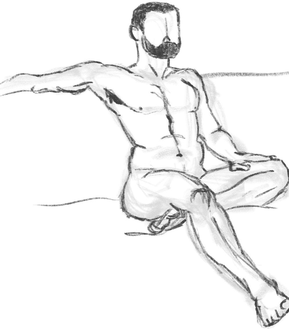 A pencil sketch of a male model from Adam Westbrook&rsquo;s sketchbook