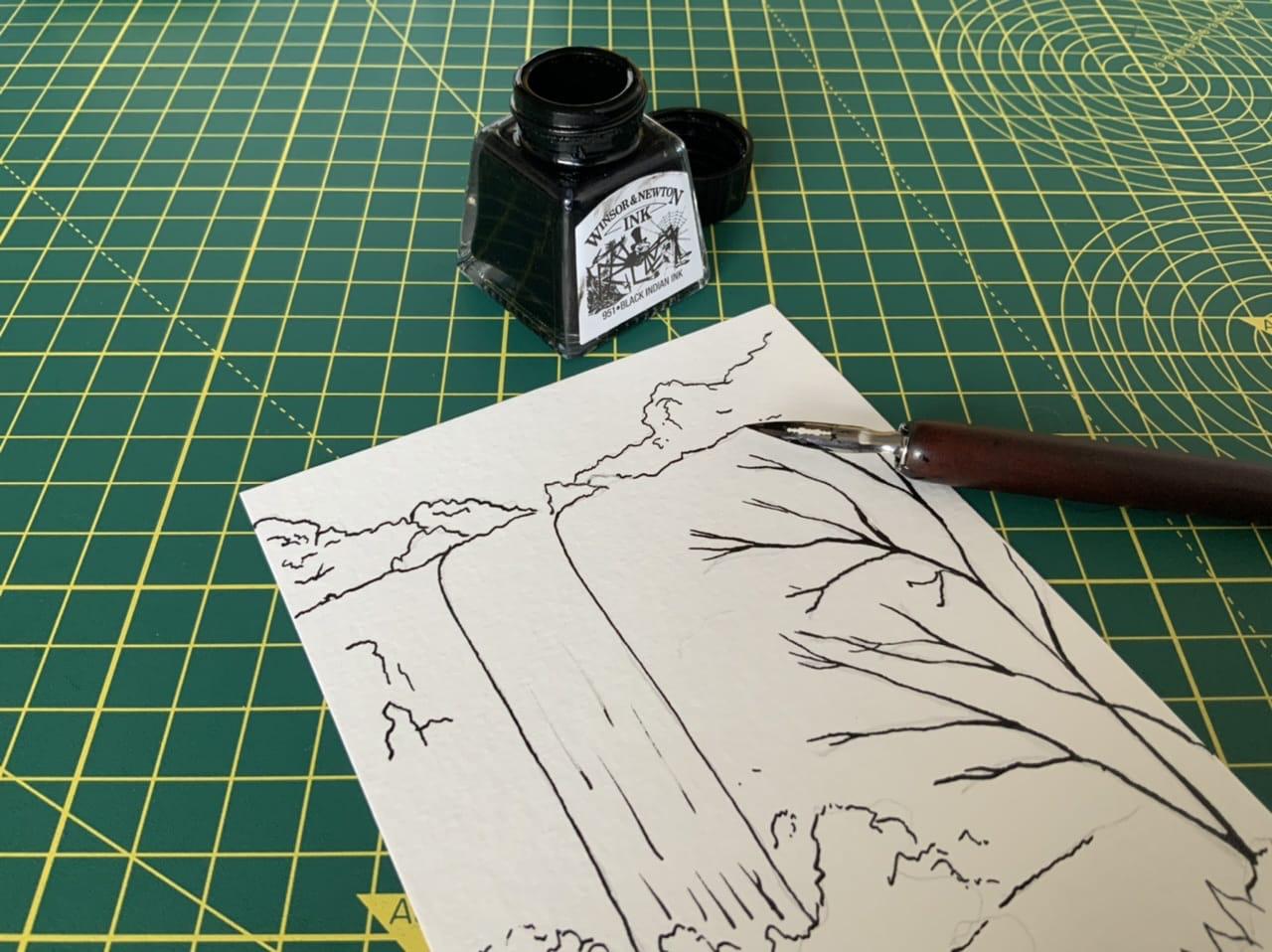 A single postcard of a waterfall in ink by Adam Westbrook