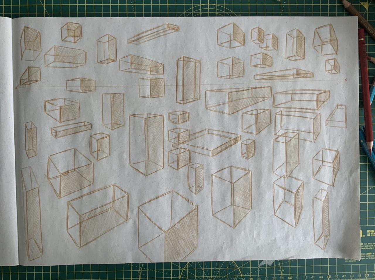 A page of 3D cubes drawn in polychromes pencil