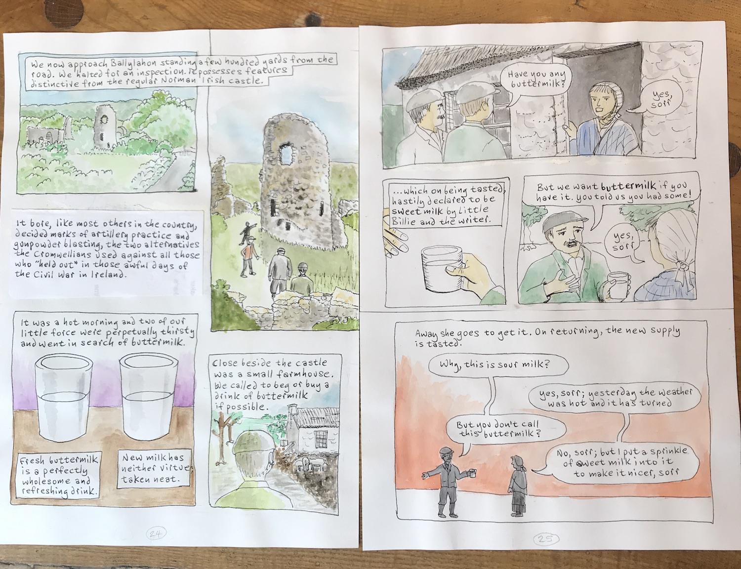 A page of pencil and coloured panels by Michi Mathias