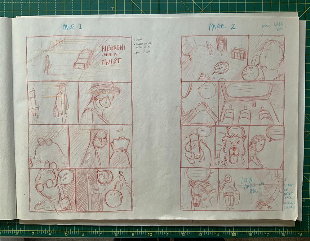 Layout sketches of pages 1 and 2 of Negroni With A Twist