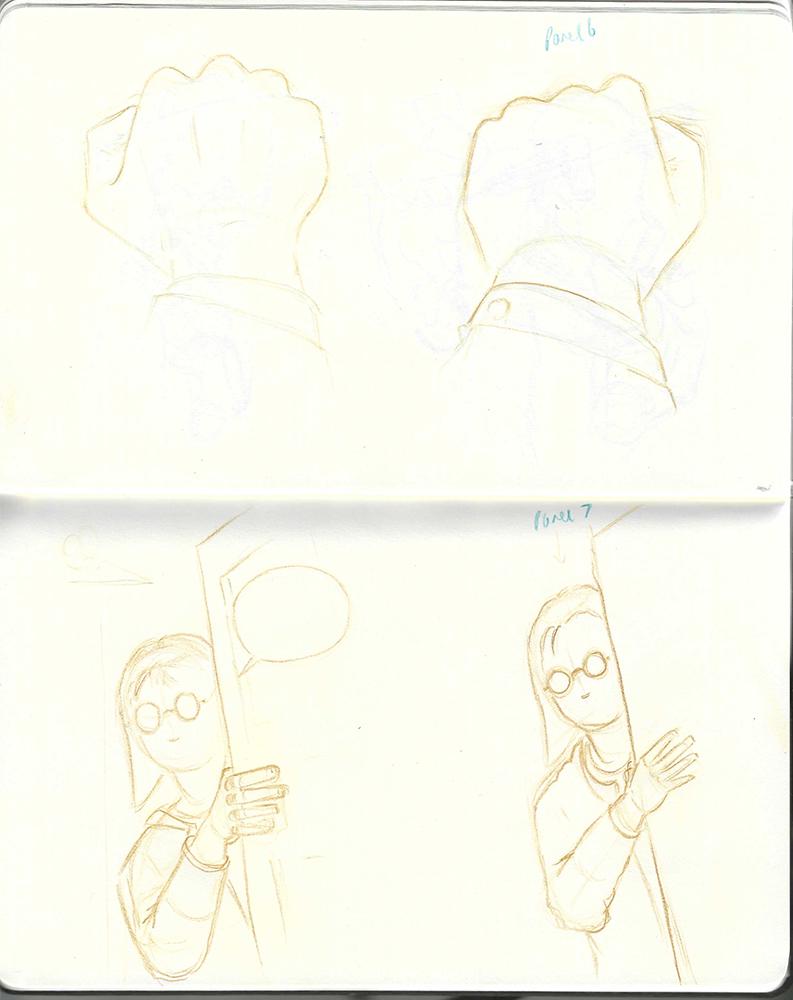 Rough pencil sketches of a panel of Negroni With A Twist