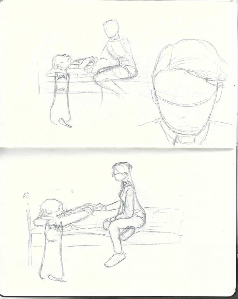 Rough pencil sketches of a panel of Negroni With A Twist