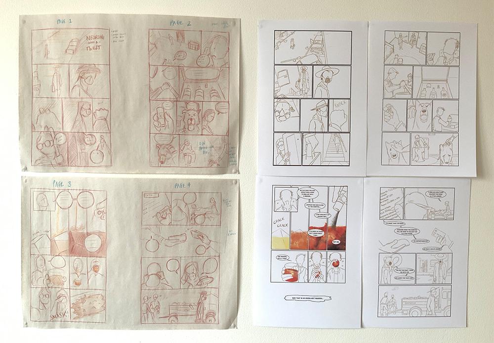 A photo of the original page layouts for Negroni With A Twist, alongside the finished pages