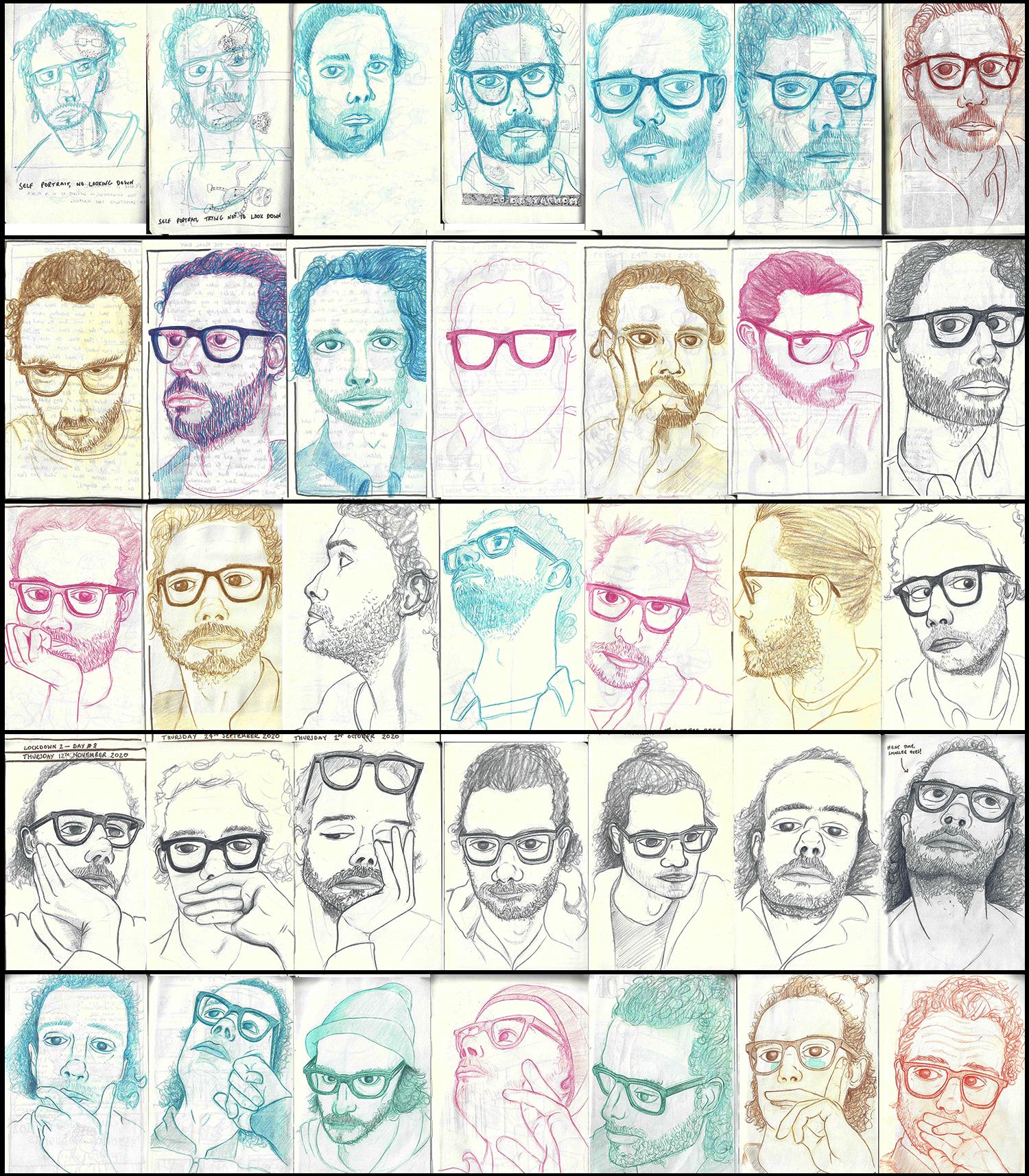 A full grid of 25 self portaits by Adam Westbrook