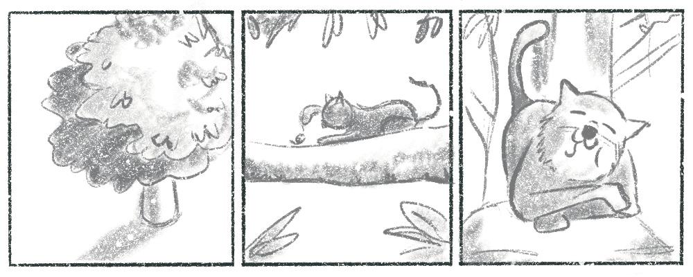 A three-panel sequence showing a cat sitting in a tree eating a mouse.