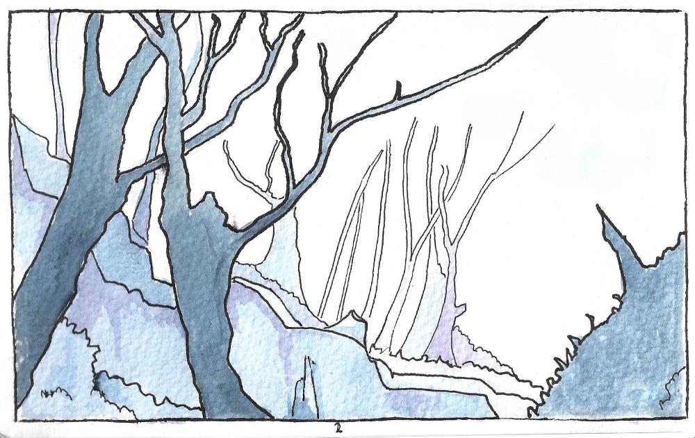 An ink and watercolour sketch of some trees from a short story by Adam Westbrook