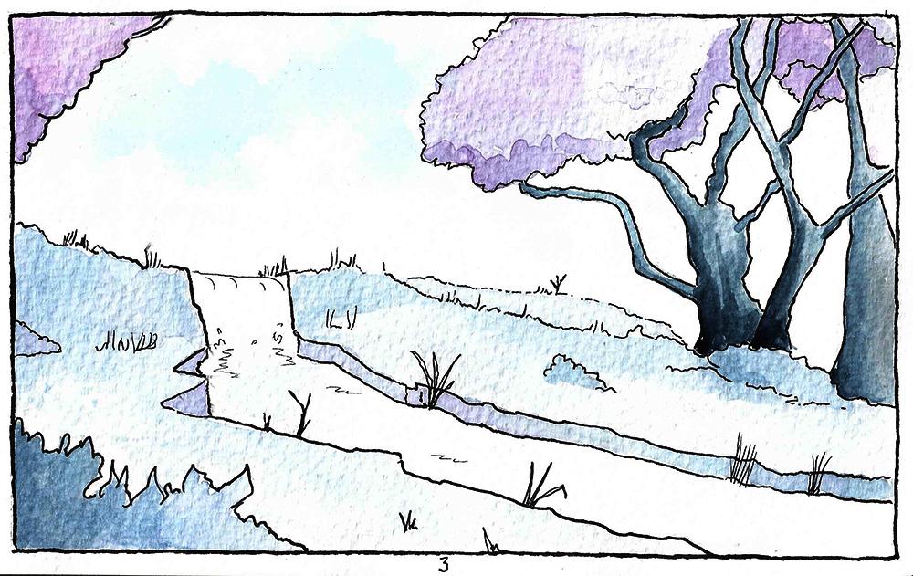 An ink and watercolour sketch of some trees from a short story by Adam Westbrook