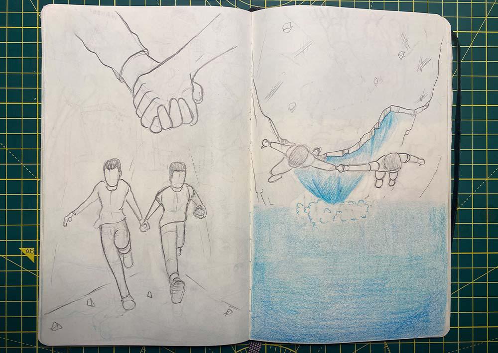 A page from a short story by Adam Westbrook, showing two people jumping from a waterfall