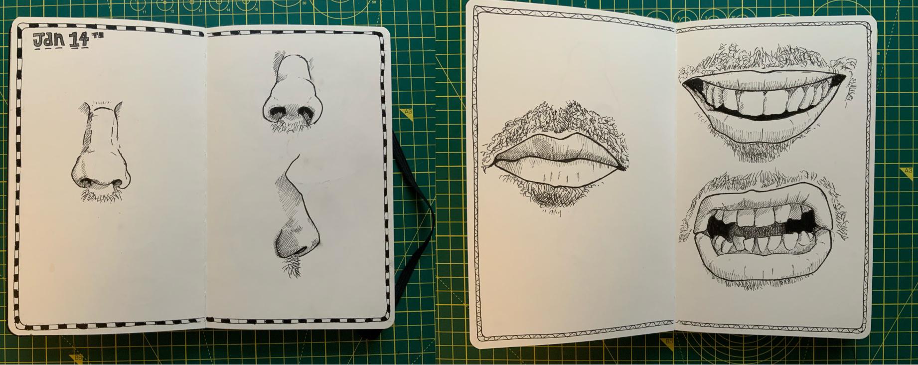 A drawing of a nose and mouth in black ink by Adam Westbrook