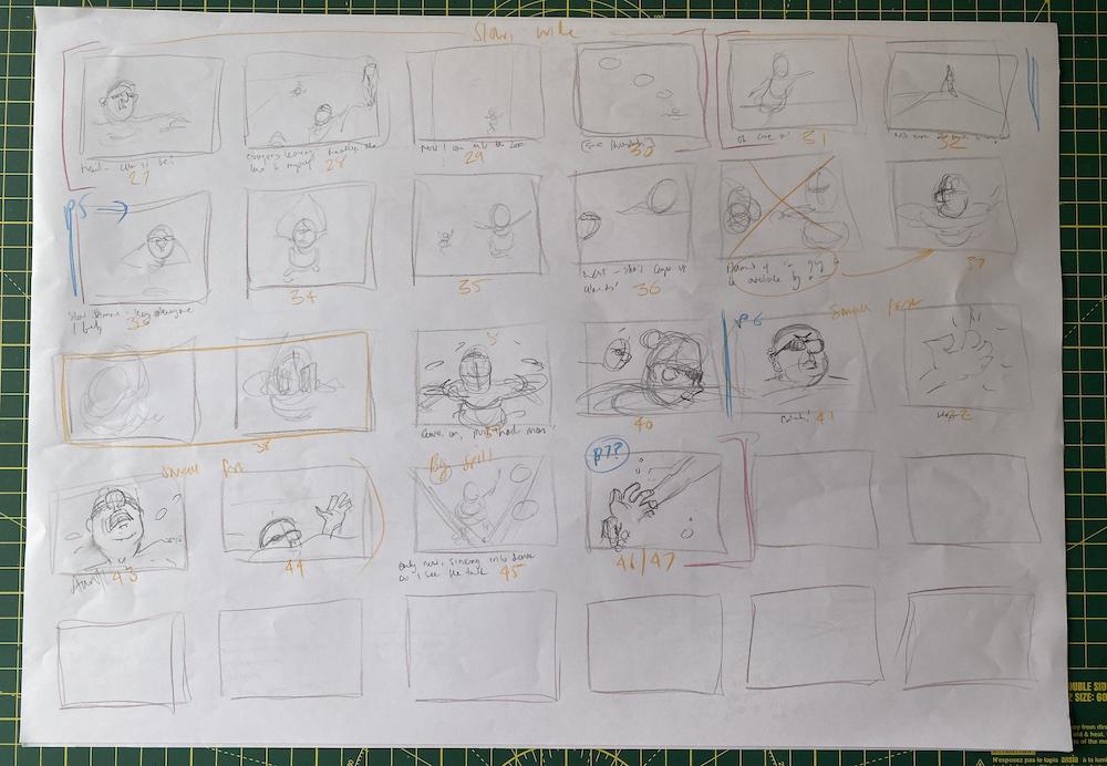 A page of storyboard thumbnails drawn by Adam Westbrook