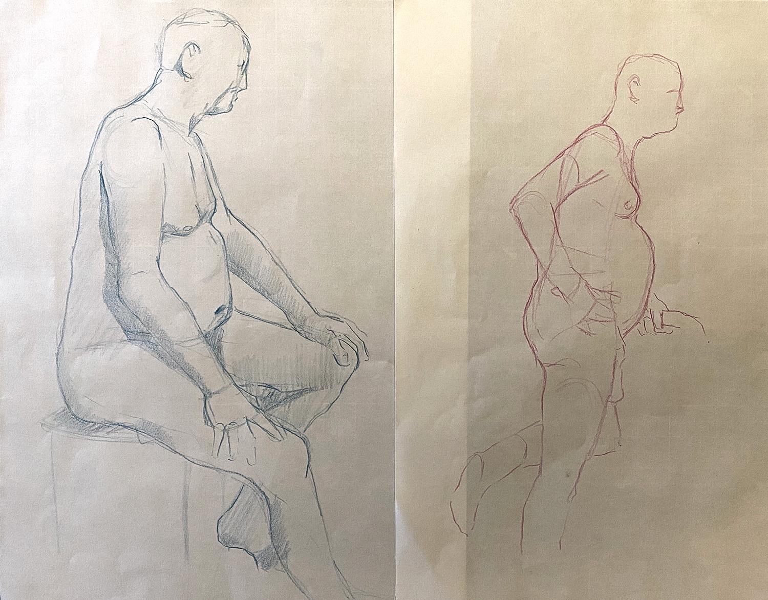 Life drawing sketches in coloured pencil of a male nude by Adam Westbrook
