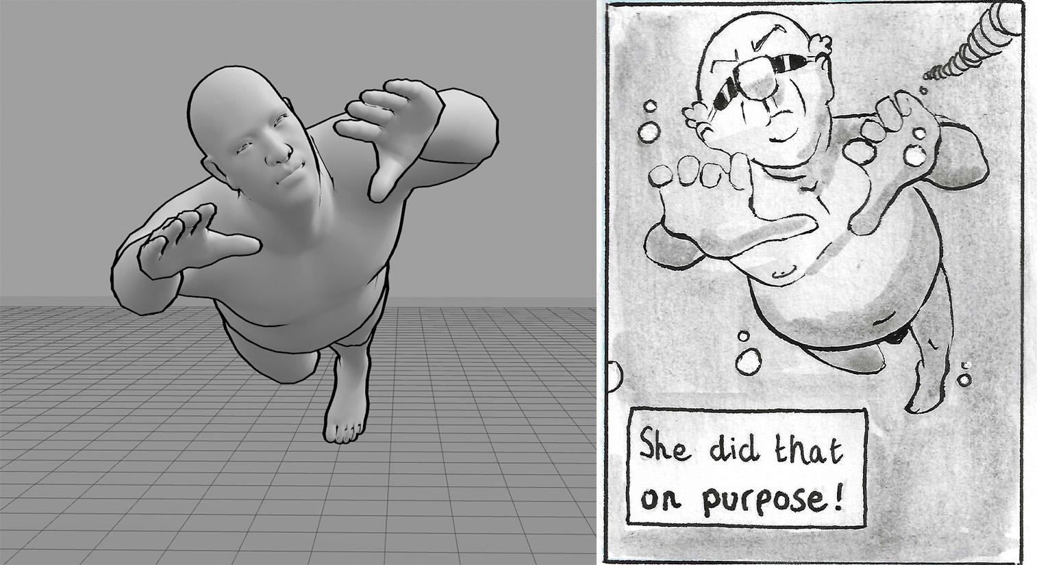 A side by side showing a 3D model of a man swimming on the left and a drawing referenced from that image on the left