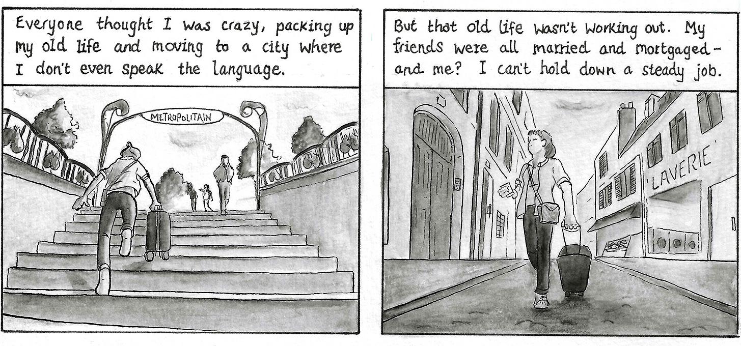 A few panels from &ldquo;Amy In Paris&rdquo;, by Adam Westbrook