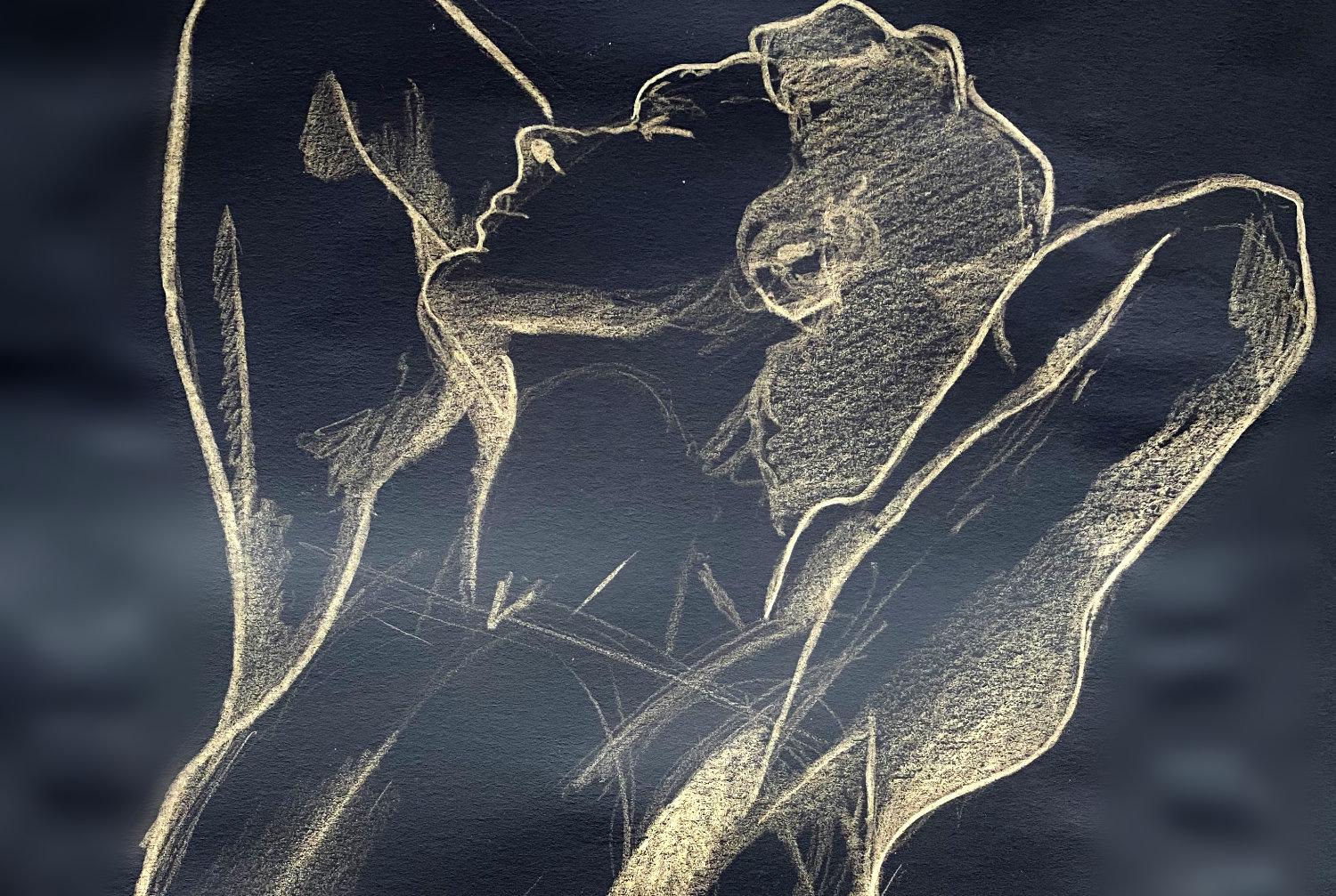 A pencil drawing of a male figure reclining, by Adam Westbrook