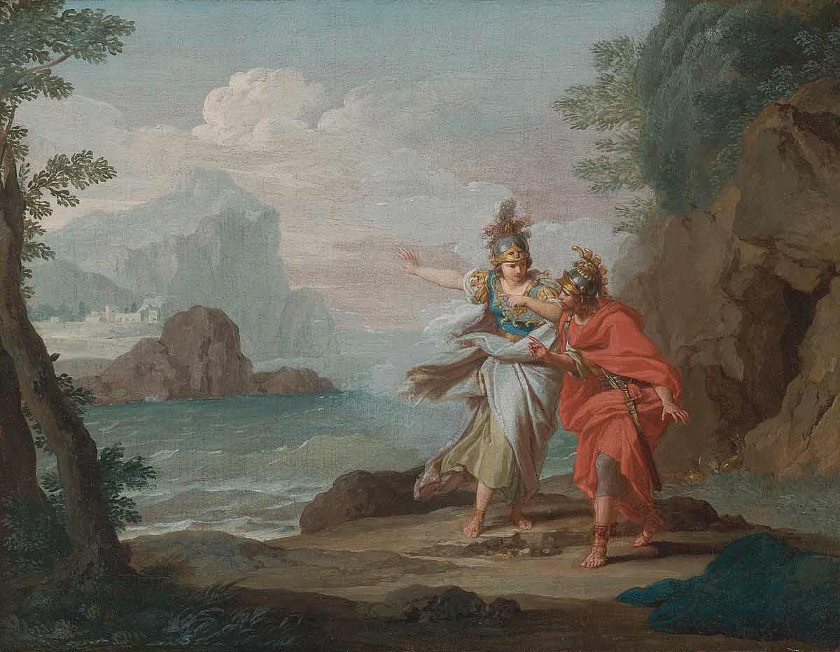 An oil painting called Athena revealing Ithaca to Ulysses by Guiseppe Bottani, c18th