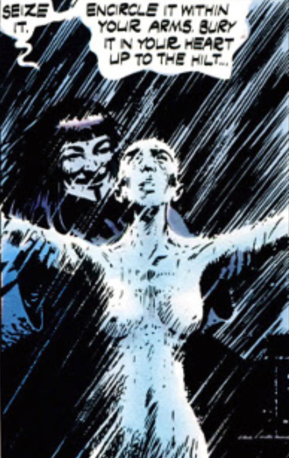 A panel from the graphic novel V For Vendetta, showing the moment of Evey's rebirth.